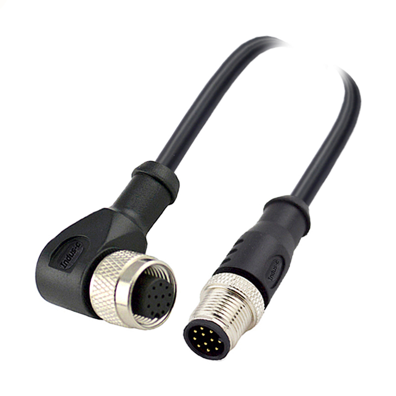 M12 12pins A code male straight to female right angle molded cable,shielded,PVC,-40°C~+105°C,26AWG 0.14mm²,brass with nickel plated screw